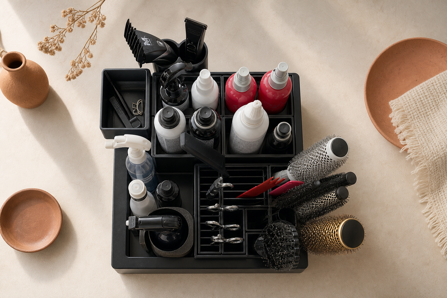 Overhead view of a Salon by Ordo station fully organised with tools and product