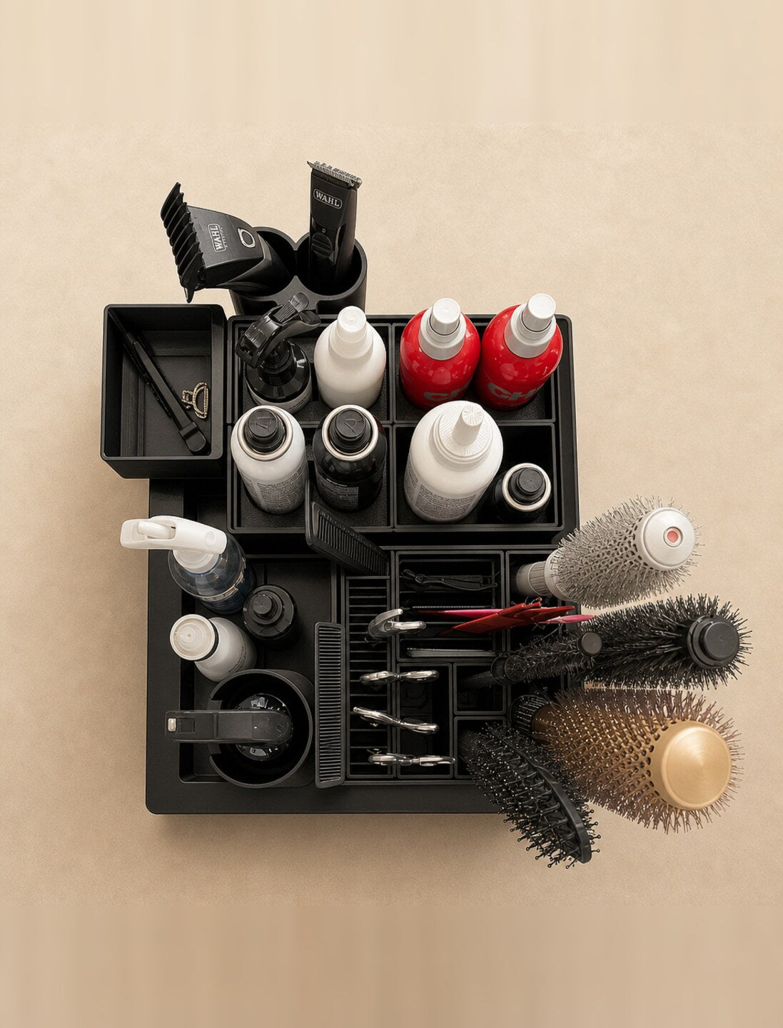 The Salon by Ordo modular station, fully configured with shears, clippers, brushes and product