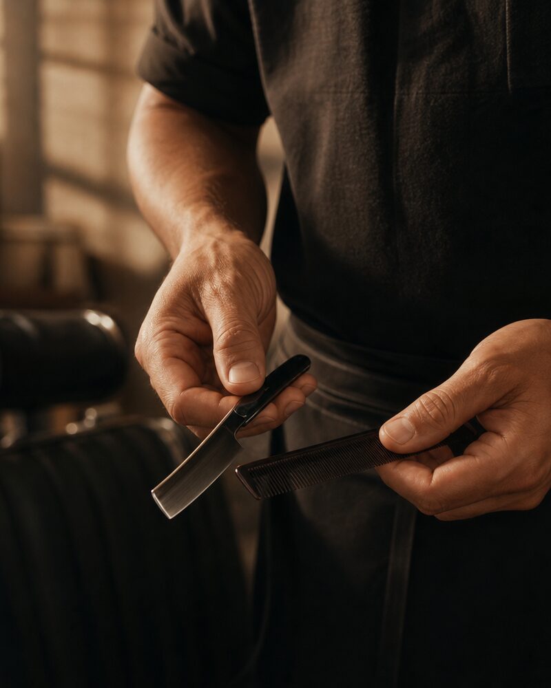 A barber's hands holding a straight razor and comb over a leather chair