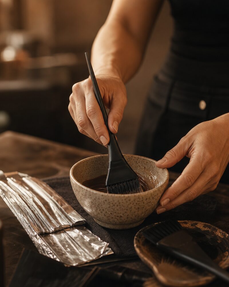 A colourist mixing tint in a ceramic bowl beside foils and brushes