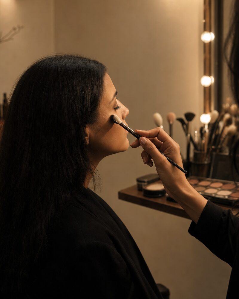 A makeup artist applying product with a brush at a lit mirror station