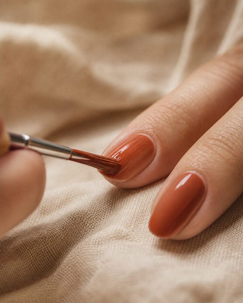 A nail artist applying warm terracotta polish to a fingernail