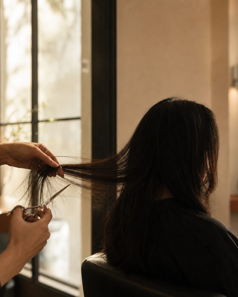 A stylist cutting a client's hair by a bright window